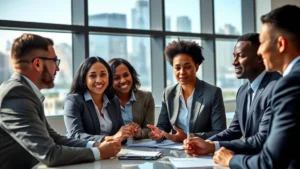 Professional diverse group in business attire having a strategic discussion in a modern conference room with large windows overlooking a city skyline, natural light streaming in, focused and engaged expressions