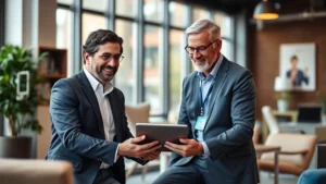 Professional financial advisor meeting with confident healthcare worker in modern Nashville office, reviewing investment portfolio on tablet, natural lighting, contemporary furniture, warm professional atmosphere