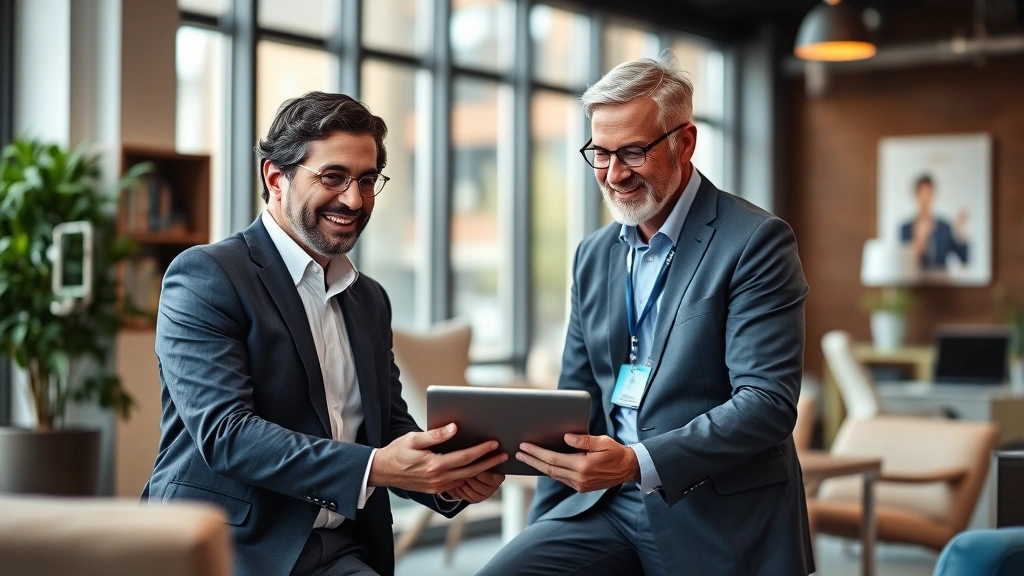 Professional financial advisor meeting with confident healthcare worker in modern Nashville office, reviewing investment portfolio on tablet, natural lighting, contemporary furniture, warm professional atmosphere