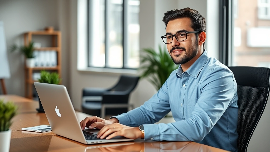 Professional behavioral health clinician working at modern desk with laptop, natural window lighting, focused expression, contemporary office environment, wealth building mindset conveyed through professional confidence and organized workspace