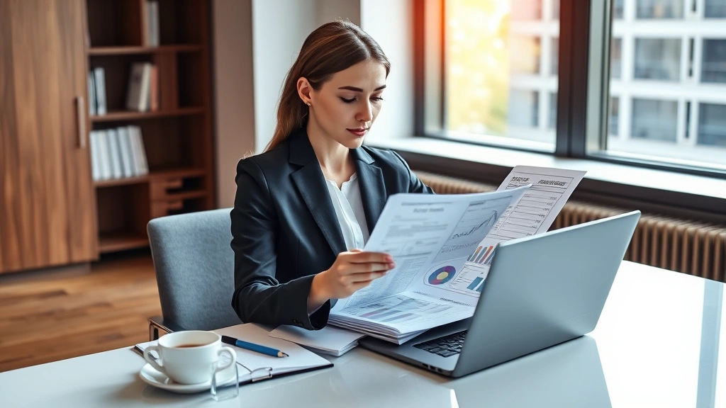 Professional woman in business attire reviewing financial documents and investment portfolio on modern desk with laptop and coffee, natural window lighting, contemporary office environment