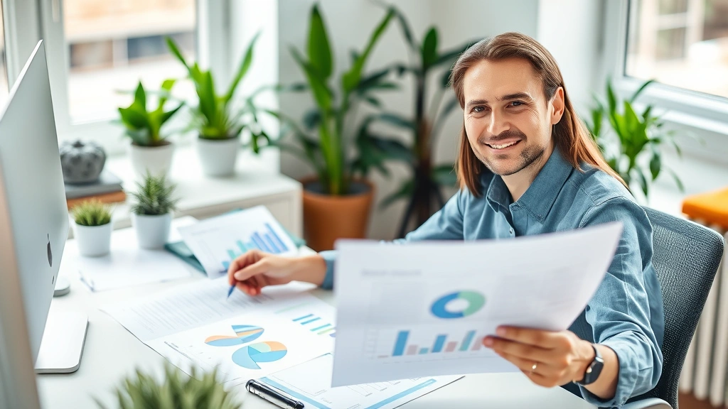 Person sitting at desk reviewing financial documents and planning charts with a calm, confident expression, organized workspace with plants and natural lighting, peaceful home office environment