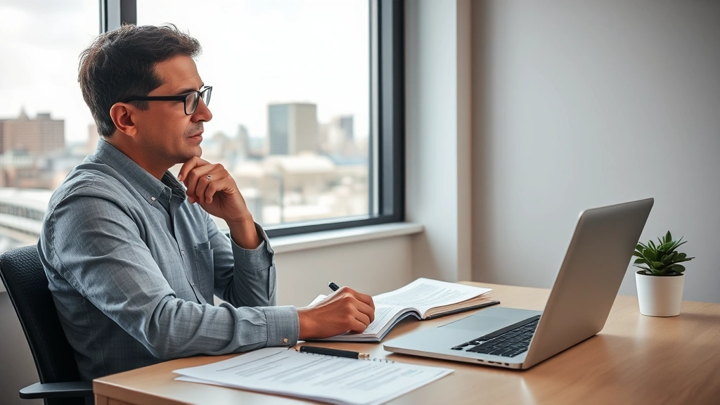 Behavioral health professional at desk with notebook, laptop, and financial planning documents, thoughtful expression suggesting strategic decision-making, minimalist workspace, Nashville skyline visible through window
