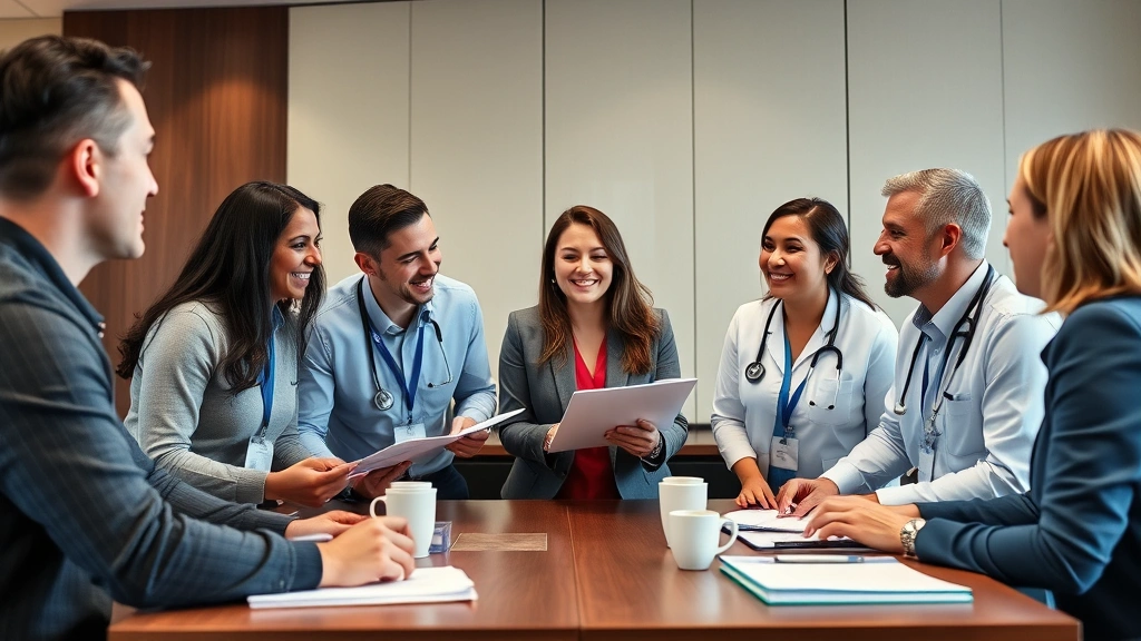 Diverse group of healthcare professionals in business casual attire discussing financial planning around a conference table with notebooks and coffee, collaborative energy, modern hotel or conference center setting, professional networking atmosphere