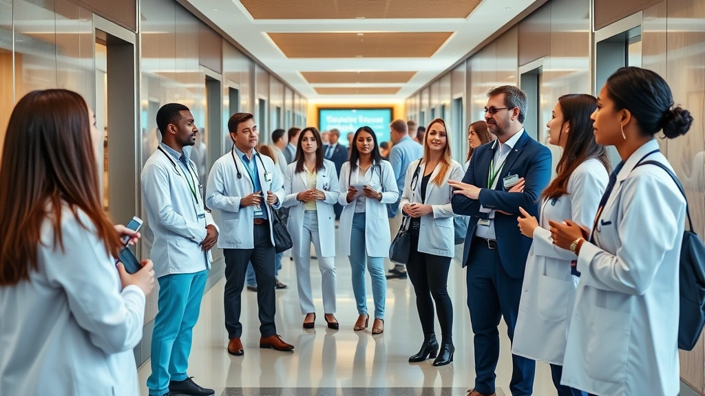 Diverse group of healthcare professionals networking in modern conference center hallway during professional event, engaged in conversation, professional business casual clothing
