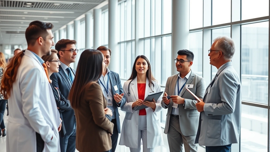 Diverse group of healthcare professionals in business casual attire engaged in discussion at professional conference venue, collaborative energy, modern architectural setting, natural daylight, inclusive and inspiring environment