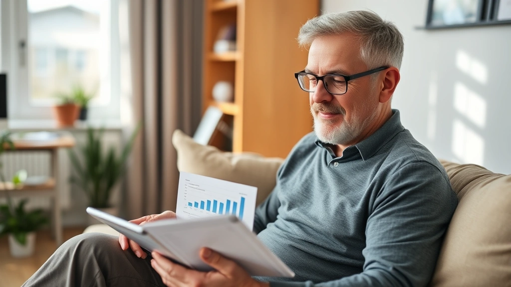 Individual reviewing financial documents and retirement portfolio on tablet device, comfortable home office setting, natural daylight, peaceful expression reflecting financial confidence and long-term planning, charts and graphs visible but not readable