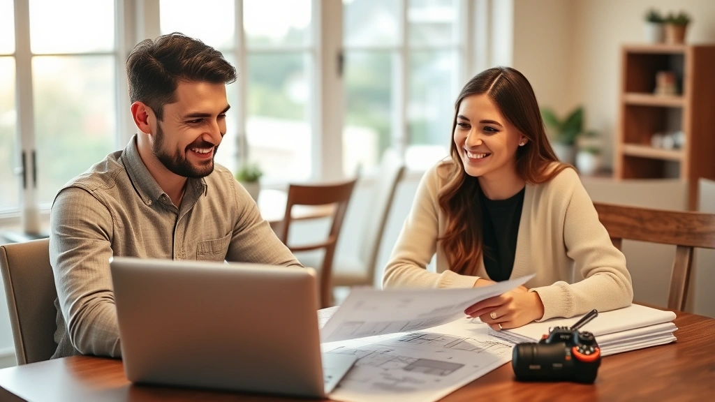 Young professional couple reviewing real estate property documents and blueprints at dining table with laptop showing property listing, warm home lighting, positive expressions