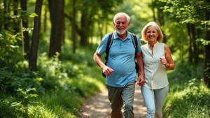 Active senior couple hiking outdoors on forest trail, both smiling and moving comfortably, natural sunlight filtering through trees, demonstrating mobility and vitality