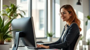 Professional woman in modern office setting engaged in focused work at computer, natural lighting, confident expression, organized workspace with plants suggesting wellness-focused environment