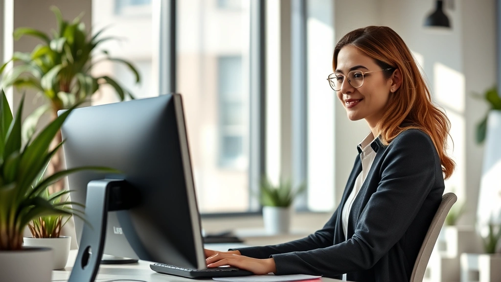 Professional woman in modern office setting engaged in focused work at computer, natural lighting, confident expression, organized workspace with plants suggesting wellness-focused environment