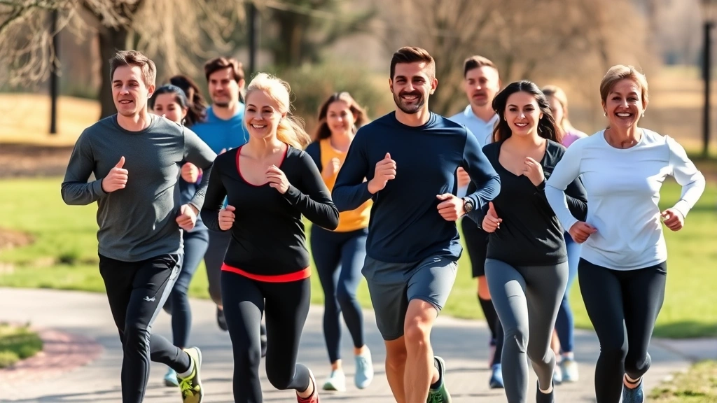 Diverse group of people exercising outdoors in park, jogging and moving together, bright daylight, energetic and healthy appearance, natural scenery in background