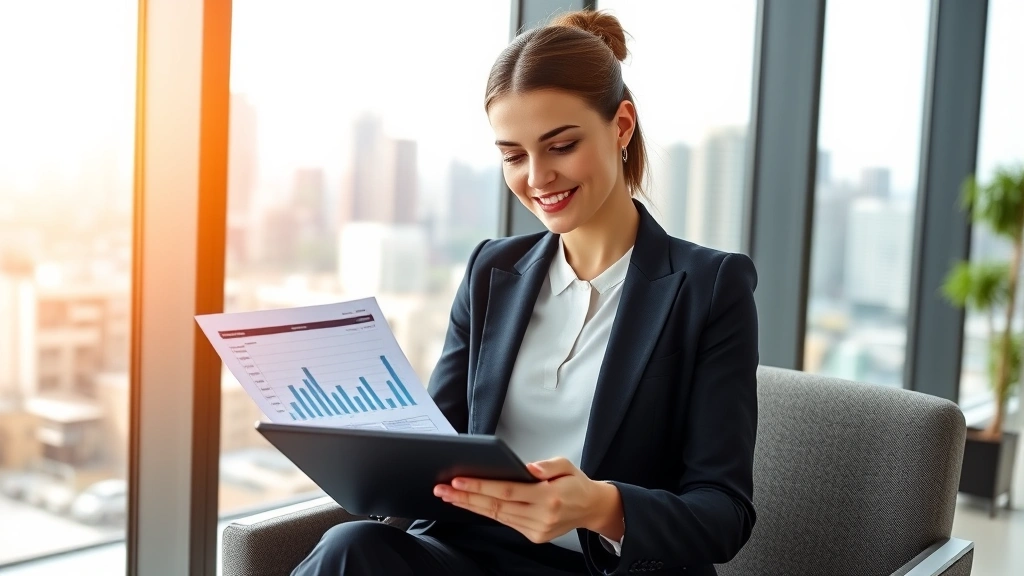 Professional woman reviewing financial documents and investment portfolio on tablet in modern office with city skyline view, natural lighting, confident expression, financial security concept