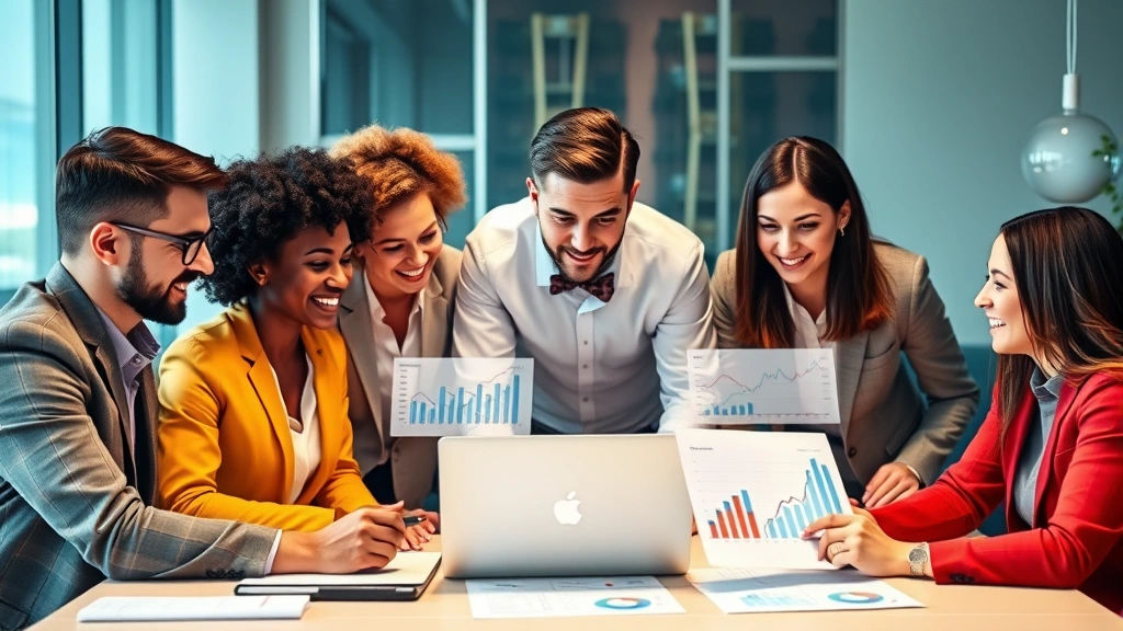 Diverse group of professionals in casual business attire collaborating on laptop with charts and graphs visible, representing multiple income streams and digital wealth creation