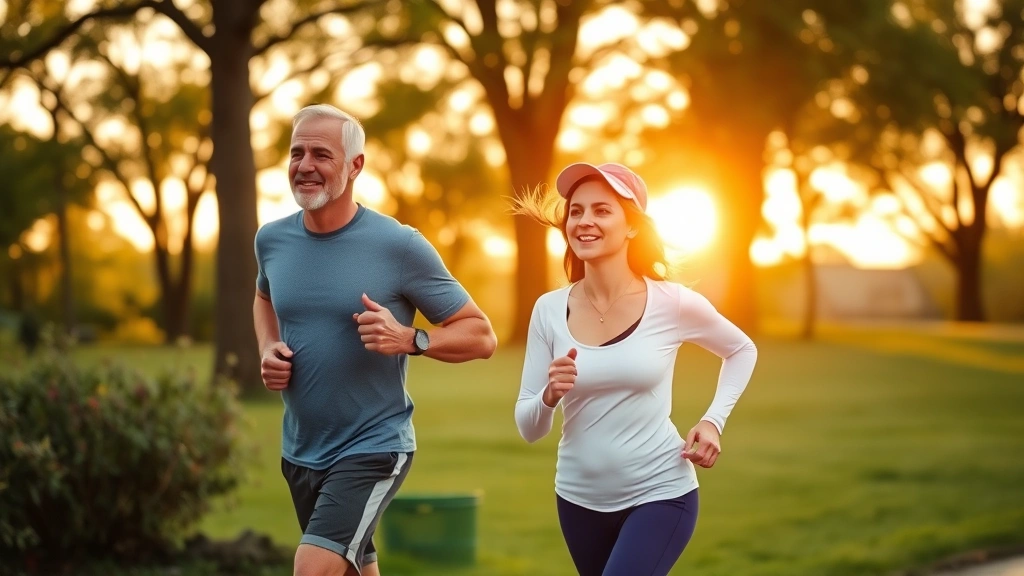 Healthy middle-aged couple jogging outdoors in park setting during sunrise, representing wellness investments that protect long-term wealth accumulation and health-wealth connection