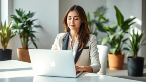 Professional woman in business attire sitting at modern desk with laptop, taking a mindful break, looking peaceful and focused, natural office lighting, contemporary workspace with plants in background