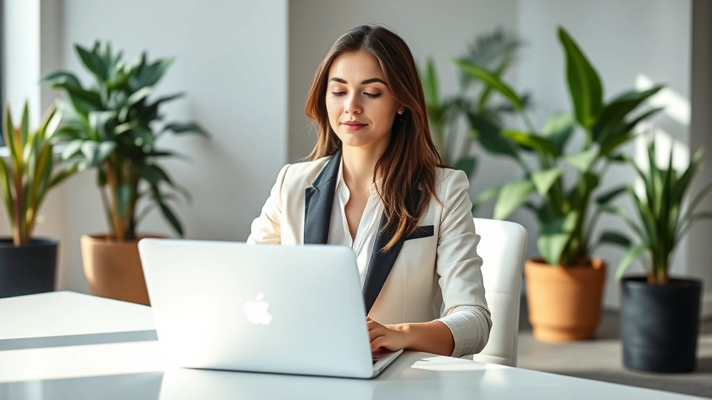 Professional woman in business attire sitting at modern desk with laptop, taking a mindful break, looking peaceful and focused, natural office lighting, contemporary workspace with plants in background