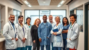 Diverse group of healthcare professionals including doctors, nurses, and staff in a modern medical clinic setting with warm lighting and welcoming atmosphere, representing community health care teamwork