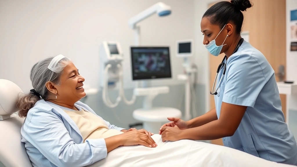 Patient receiving care from a compassionate healthcare provider during a medical consultation in a bright, clean clinic room with modern medical equipment visible in background