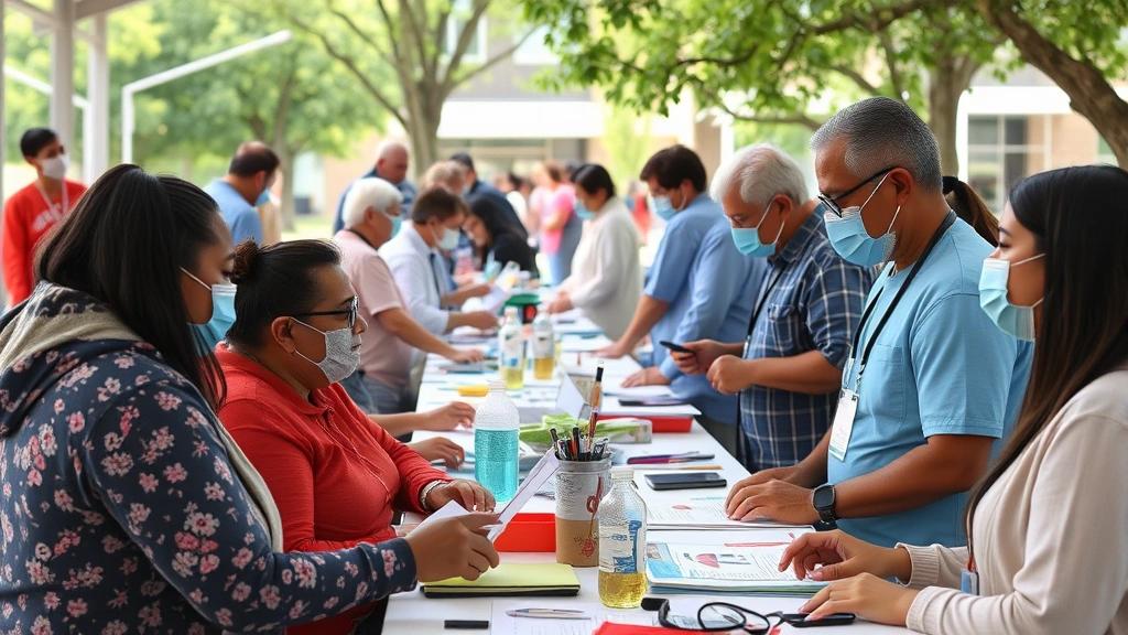 Community health fair or wellness event with residents of various ages participating in health screenings and educational activities, showing engagement and trust in healthcare services