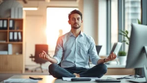 Professional individual in modern office meditating at desk during workday, calm focused expression, natural lighting from window, contemporary workspace environment, peaceful concentration