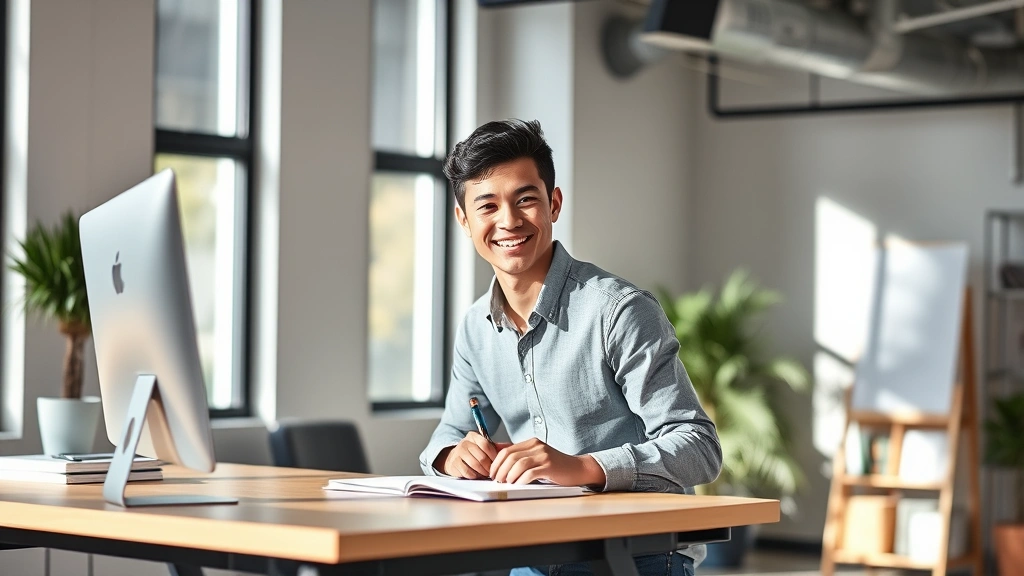 Young professional working at standing desk with satisfied expression, notebook and pen visible, sunlit office space, confident body language, modern productivity setup, healthy work environment