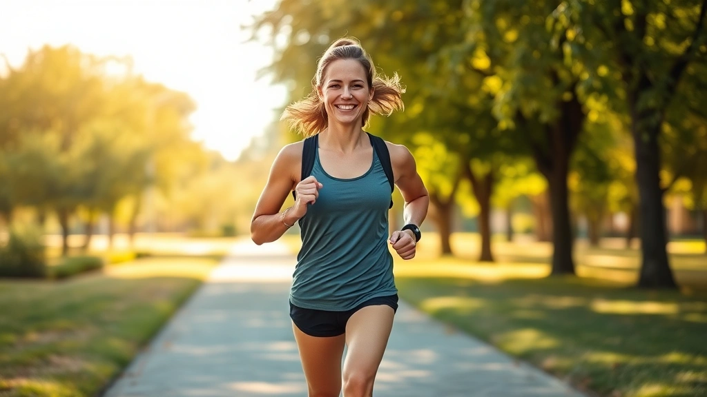 Person jogging outdoors on sunny day through park, athletic wear, smiling expression, natural landscape background, morning exercise, wellness and vitality demonstrated, healthy lifestyle