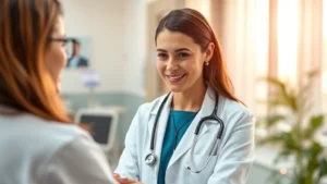 Professional woman in white coat conducting a patient health assessment in a modern medical clinic, warm lighting, stethoscope visible, caring expression, clean healthcare environment