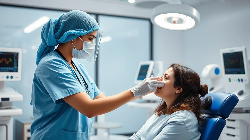 Professional healthcare worker in modern medical facility performing preventive health screening on patient, bright clinical setting with modern equipment