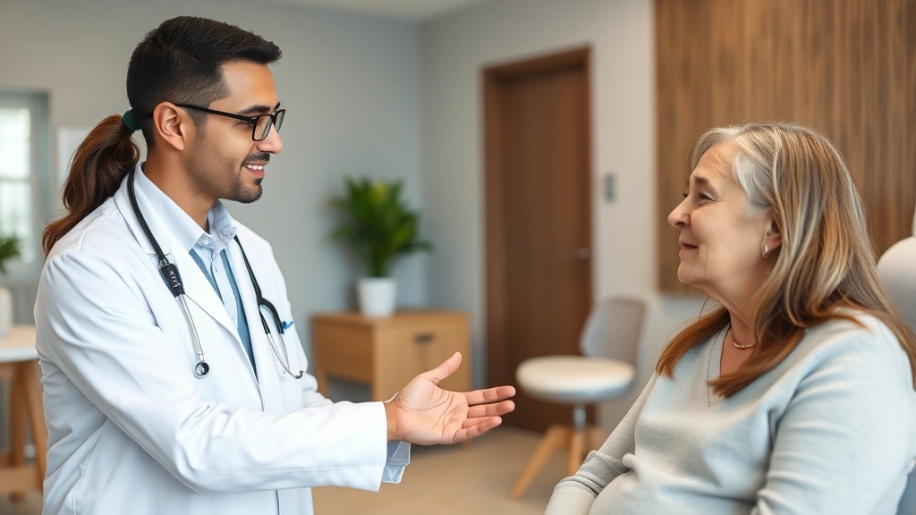 Healthcare professional in white coat assisting middle-aged patient during wellness consultation in modern clinic examination room