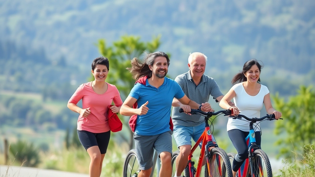 Multi-generational family enjoying active outdoor wellness activities together in scenic natural environment, jogging and cycling