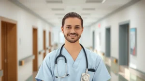 Professional healthcare worker in modern hospital corridor, confident expression, natural lighting, modern medical facility environment, no text or identifiers visible