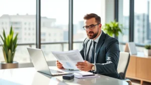 Successful real estate investor reviewing property documents at modern desk with laptop, wearing business casual attire, sunlit office environment, professional confidence