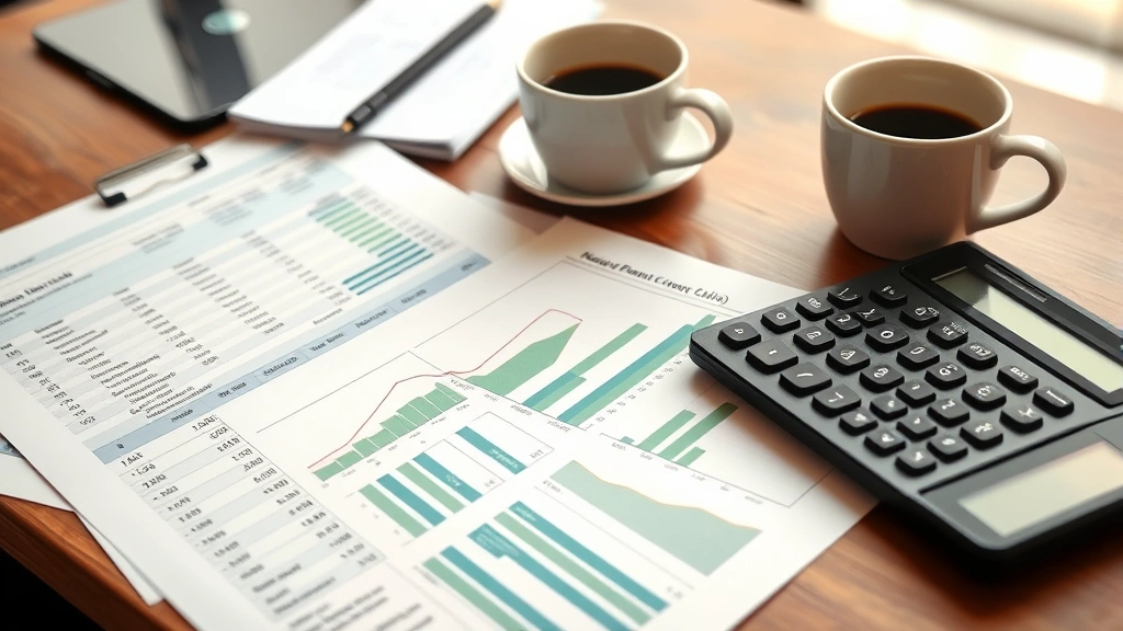 Financial documents and calculator on wooden desk with coffee cup, spreadsheet showing investment growth, professional office setting, warm natural lighting, no numbers or text visible