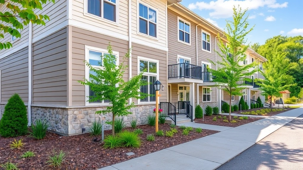 Residential investment property exterior showing well-maintained multi-unit building with landscaping, modern architecture, appealing curb appeal, neighborhood setting