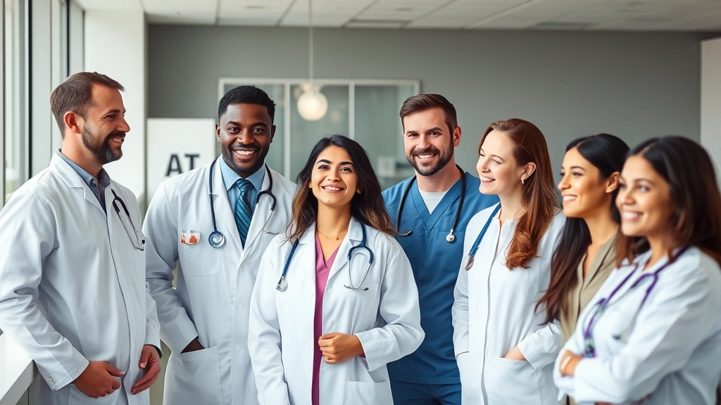 Diverse group of healthcare professionals in modern workplace, collaborating and smiling, professional medical environment, natural daylight, no charts or identifying information visible