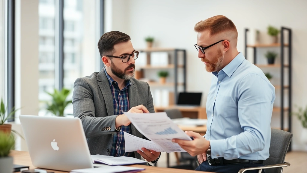 Real estate investor and property manager discussing rental property performance metrics, reviewing financial reports and property details in contemporary office space