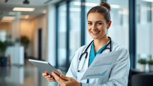 Professional healthcare worker in modern clinic setting reviewing financial documents and investment charts on tablet, natural lighting, confident expression, modern office environment