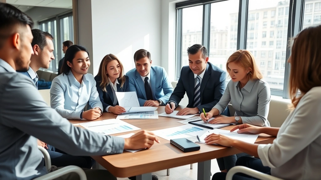 Diverse group of professionals in business casual attire collaborating around table with financial planning materials, growth charts, and investment portfolios visible, bright natural light