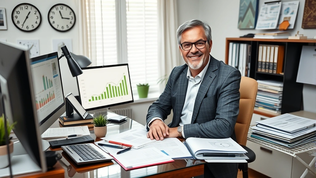Successful mature professional in home office surrounded by financial planning tools, retirement documents, and investment statements, organized desk with computer showing portfolio growth
