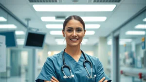 Professional healthcare worker in modern hospital setting, confident expression, wearing medical scrubs, modern clinical environment with soft lighting, symbolizing career stability and professional achievement in healthcare industry