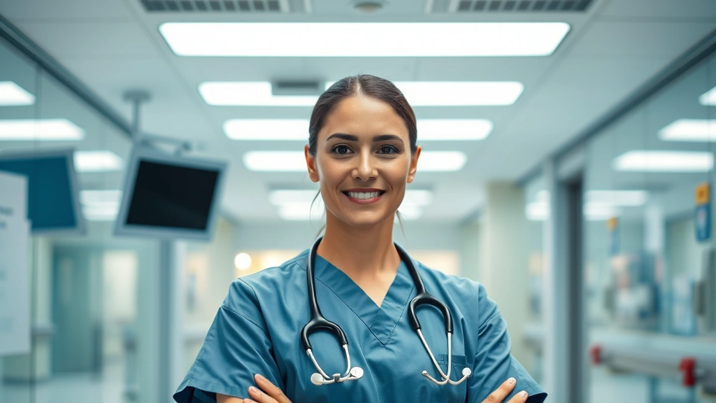Professional healthcare worker in modern hospital setting, confident expression, wearing medical scrubs, modern clinical environment with soft lighting, symbolizing career stability and professional achievement in healthcare industry