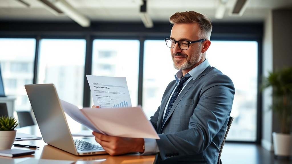 Affluent investor reviewing property documents and financial spreadsheets at modern desk with laptop, natural sunlight streaming through office windows, professional business attire, confident expression analyzing real estate opportunities