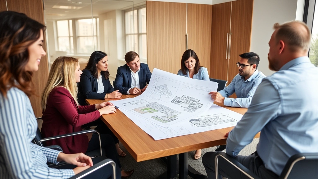 Diverse group of real estate professionals and investors collaborating in modern conference room, reviewing floor plans and property blueprints spread across table, natural lighting, collaborative atmosphere with genuine discussion