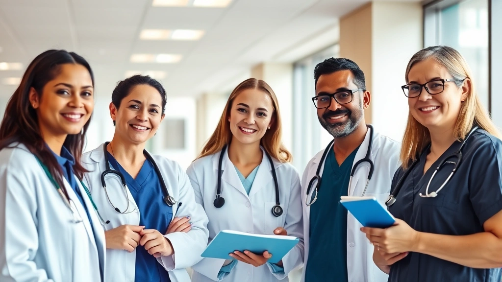 Professional healthcare team collaborating in modern hospital setting, diverse medical professionals discussing patient care, bright clinical environment with natural light, confident and focused expressions