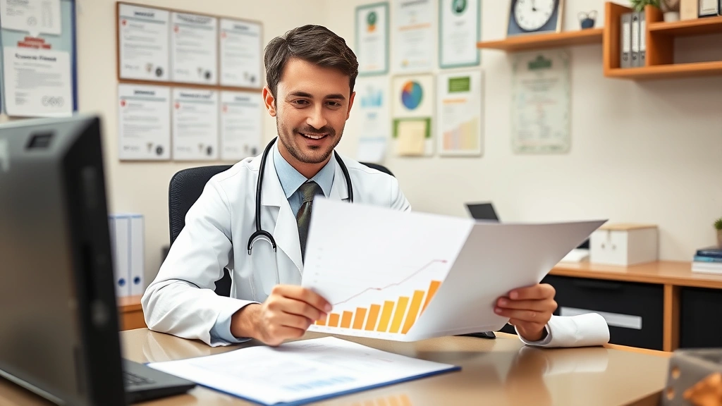 Healthcare professional reviewing career advancement documents at desk, growth chart showing upward trajectory, professional workspace with credentials and certifications displayed, inspiring and motivational atmosphere