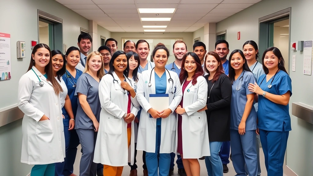 Diverse group of healthcare workers celebrating professional achievement in medical facility, team unity and success, diverse representation across clinical and administrative roles, positive workplace culture