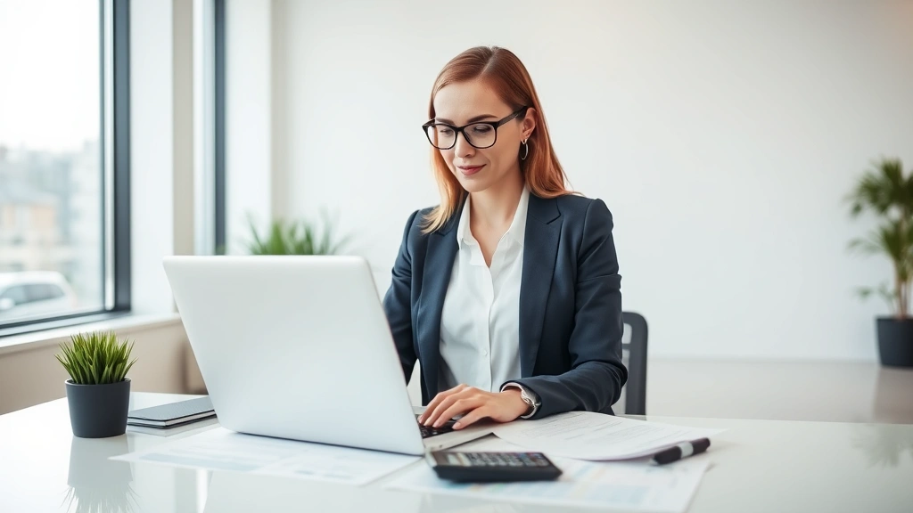 Professional woman in business attire confidently using a laptop in a bright, modern office environment with financial documents and a calculator visible on the desk