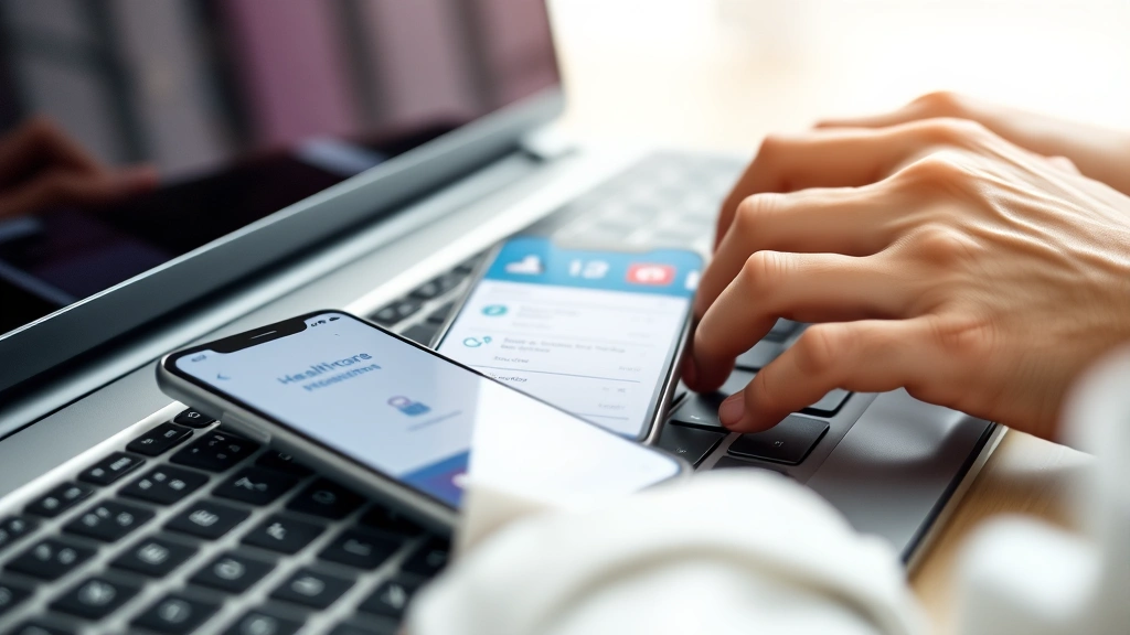 Close-up of hands typing on a keyboard with a smartphone displaying a healthcare app interface nearby, representing digital health management and secure online access