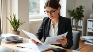 Professional woman reviewing financial documents and medical bills on tablet computer in modern home office setting, organized workspace with calculator and files visible, natural sunlight